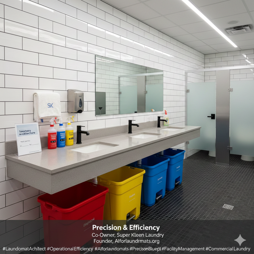 Color-coded commercial cleaning system in a modern laundromat restroom.