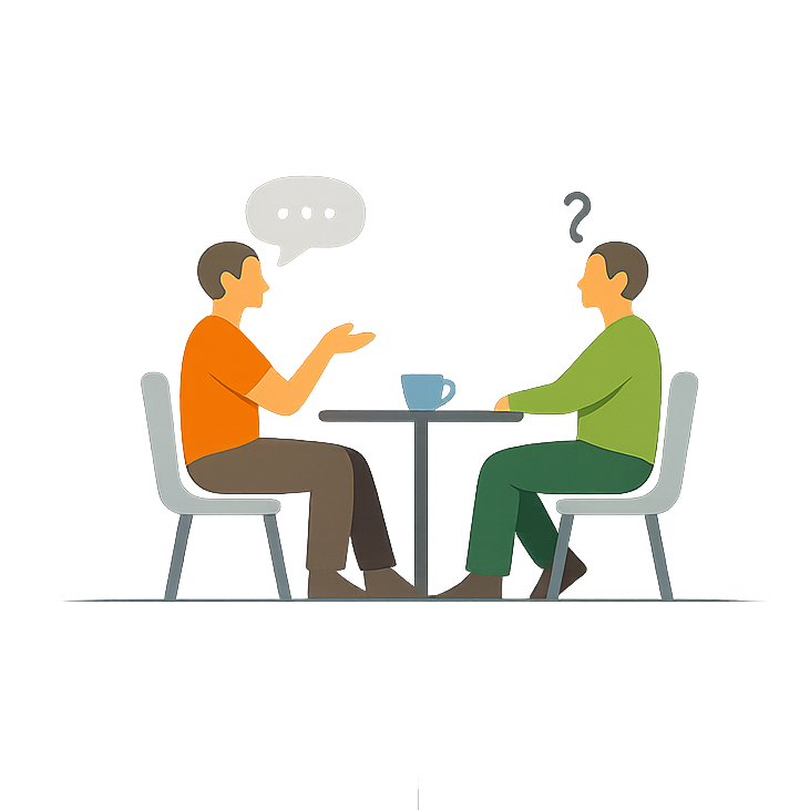 Twee mensen zitten tegenover elkaar aan een tafel in een café of restaurant, met een blauwe beker tussen hen, terwijl een gedachtebel met een glimlach in de achtergrond zweeft.