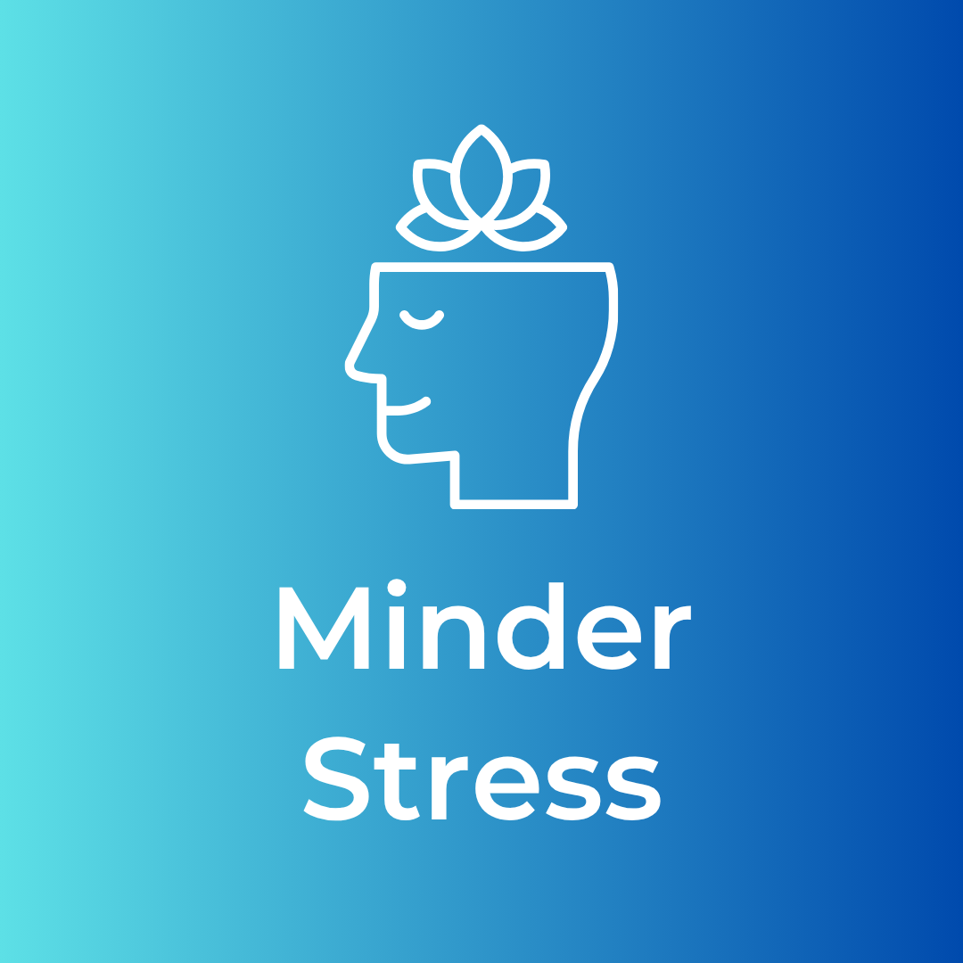 Icon van een hoofd met een vredige gezichtsuitdrukking en een lotus op het hoofd, met de tekst 'Minder Stress' eronder.