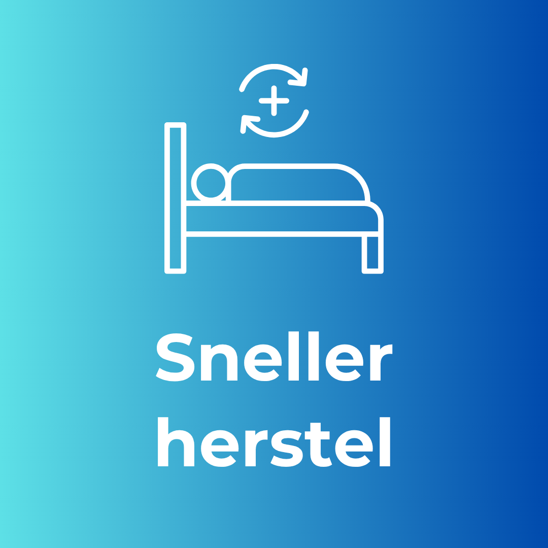 Icon van een persoon in bed met een gehele cirkel en twee pijlen eromheen, plus een plus teken, met de tekst 'Sneller herstel' onderaan.