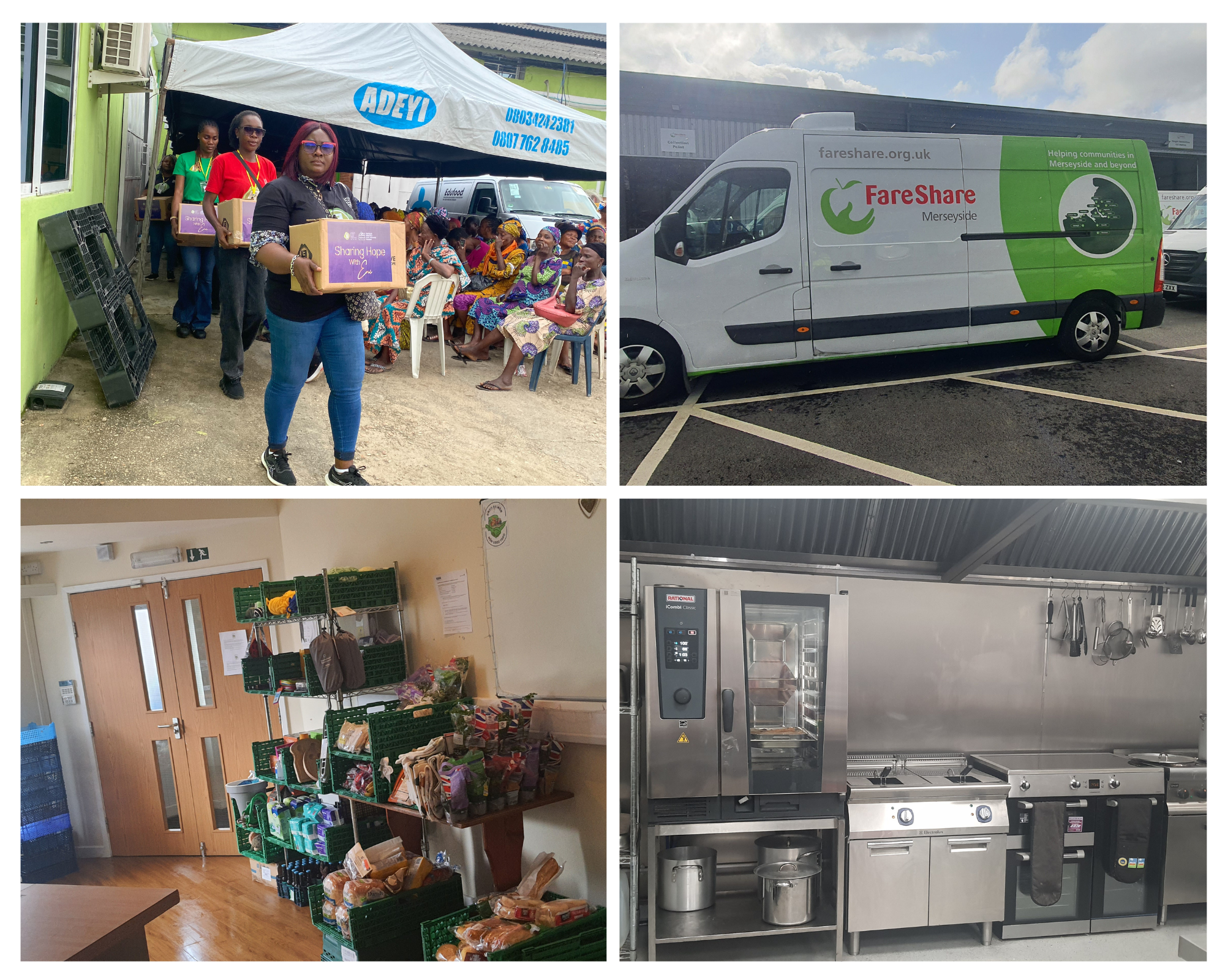 Top left: People distributing boxes at a community event, with seated women in colorful clothing. Top right: A van with FareShare.org.uk logo parked outside. Bottom left: A shelf inside a store or warehouse with various food items and supplies. Bottom right: Commercial kitchen appliances and equipment.