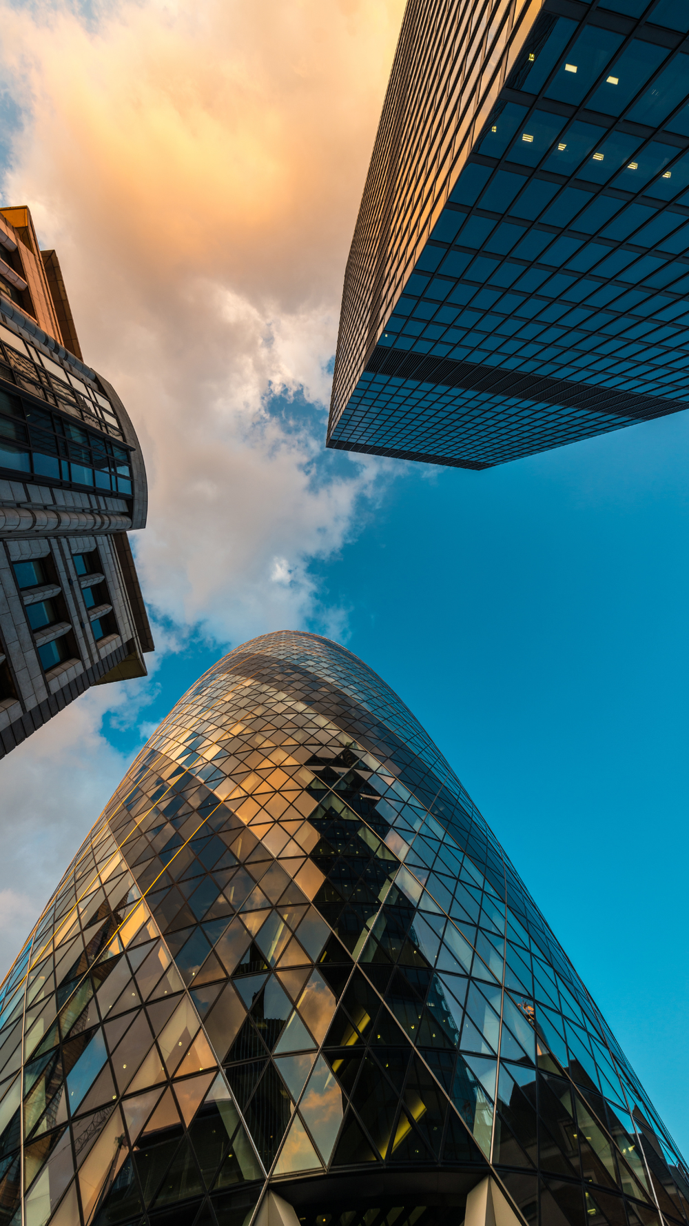The Gherkin, City of London, from below
