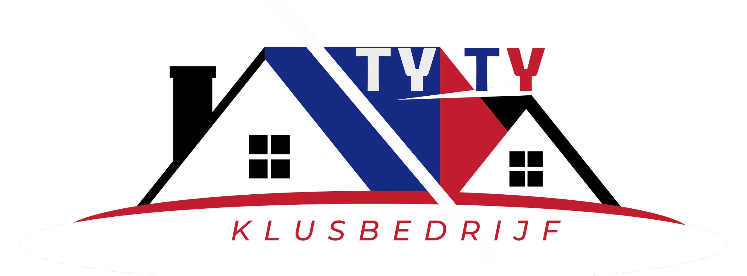 Logo of a company named 'T.T.Y.' with illustrations of two white houses with black windows, a mountain with a blue & red roof, and the word 'KLUSBEDRIJF' in red at the bottom.