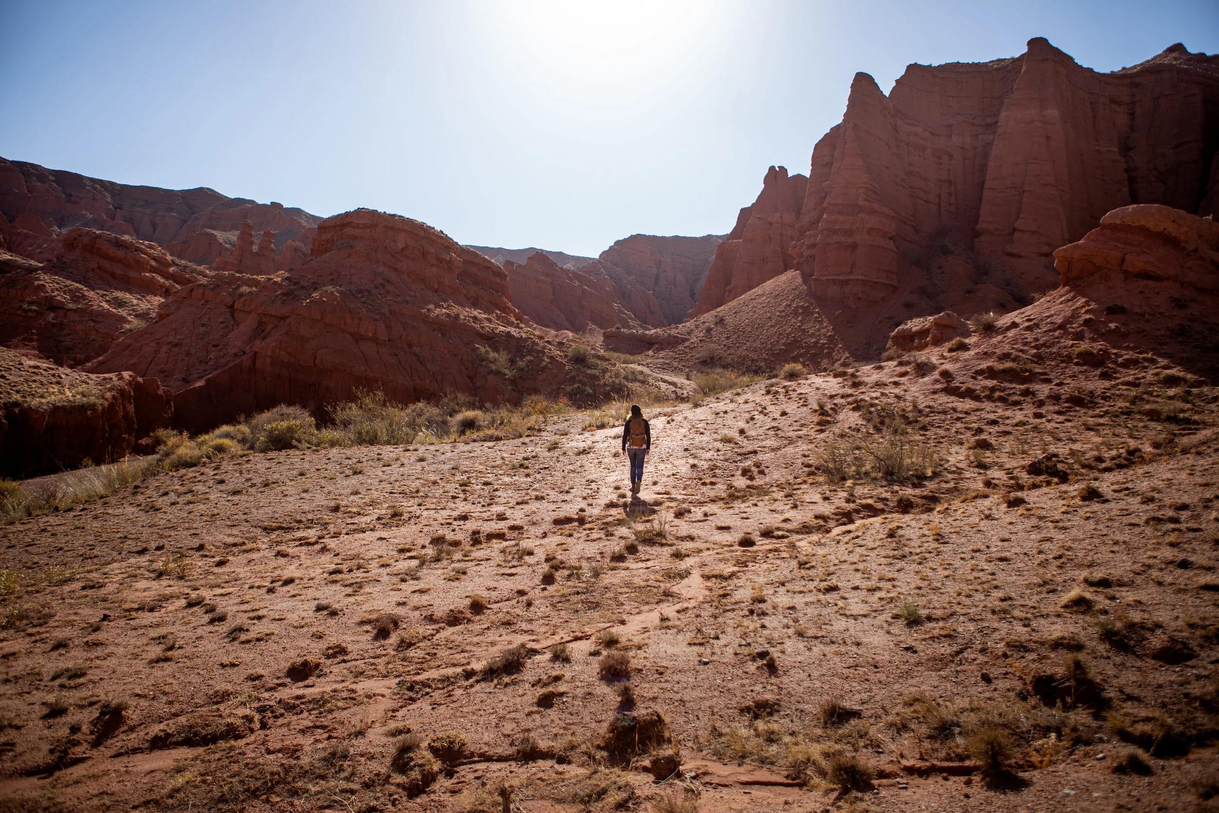 A person walking on a dirt trail through a desert canyon with red rock formations and sparse vegetation, under a bright sky.