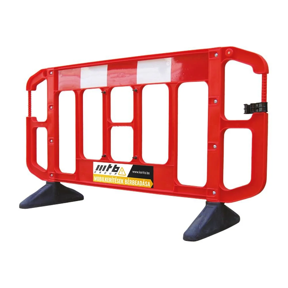 Piros, Műanyag, mobil kordon elem, fekete talpakkal, rajta logozott matricával.