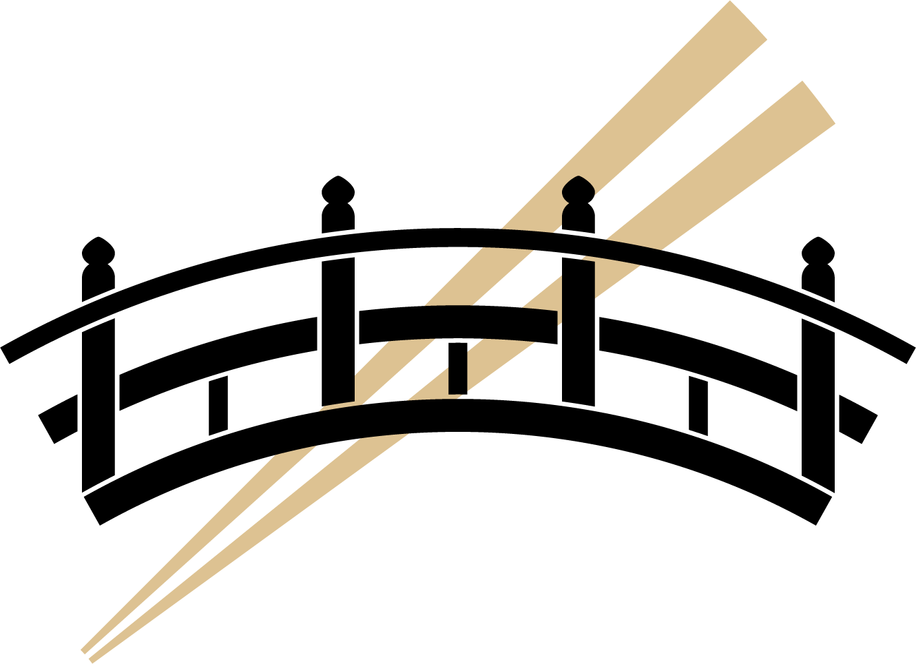 Stylized illustration of a black wooden bridge with four posts and handrails, and a pair of golden chopsticks placed diagonally in the background. The Kurohashi Logo. Make your own chopsticks Shibuya, Tokyo, Japan.