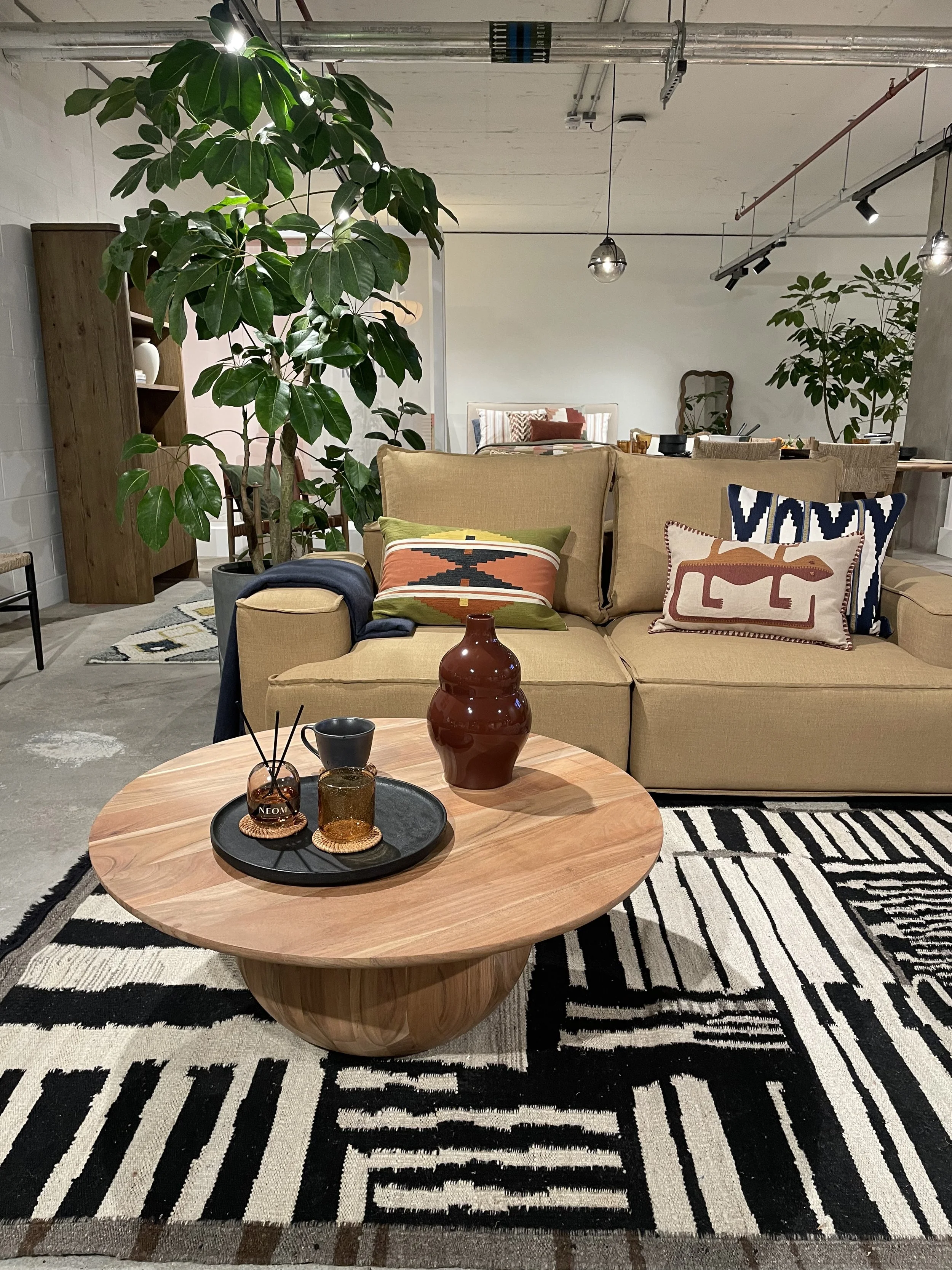 A cozy living room featuring a light-colored sofa with patterned pillows, a round wooden coffee table with decorative items, large green potted plants, and a black and white striped rug.
