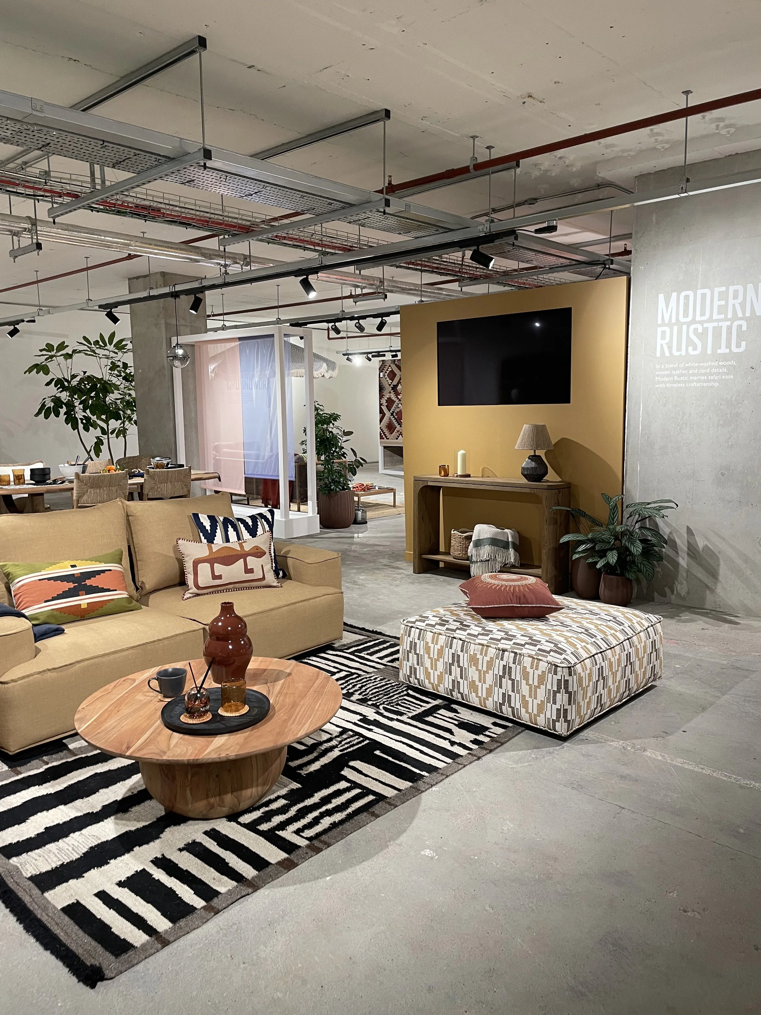 Modern rustic living room with beige sofa, patterned ottoman, black and white rug, potted plants, and wall-mounted TV.