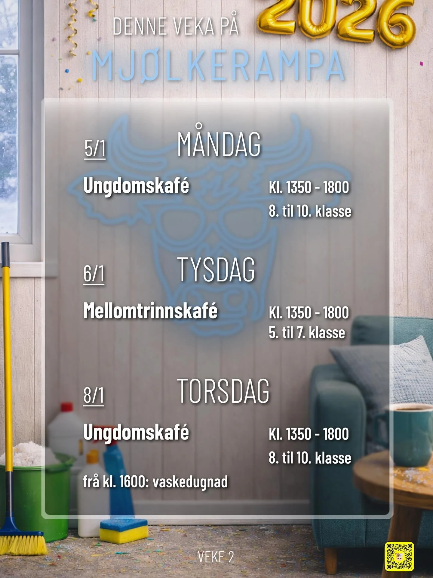 Denne veka p&aring; Mj&oslash;lkerampa 🐮 - 🚨VASKEDUGNAD p&aring; torsdag🚨 -  godt nytt&aring;r! 🥳