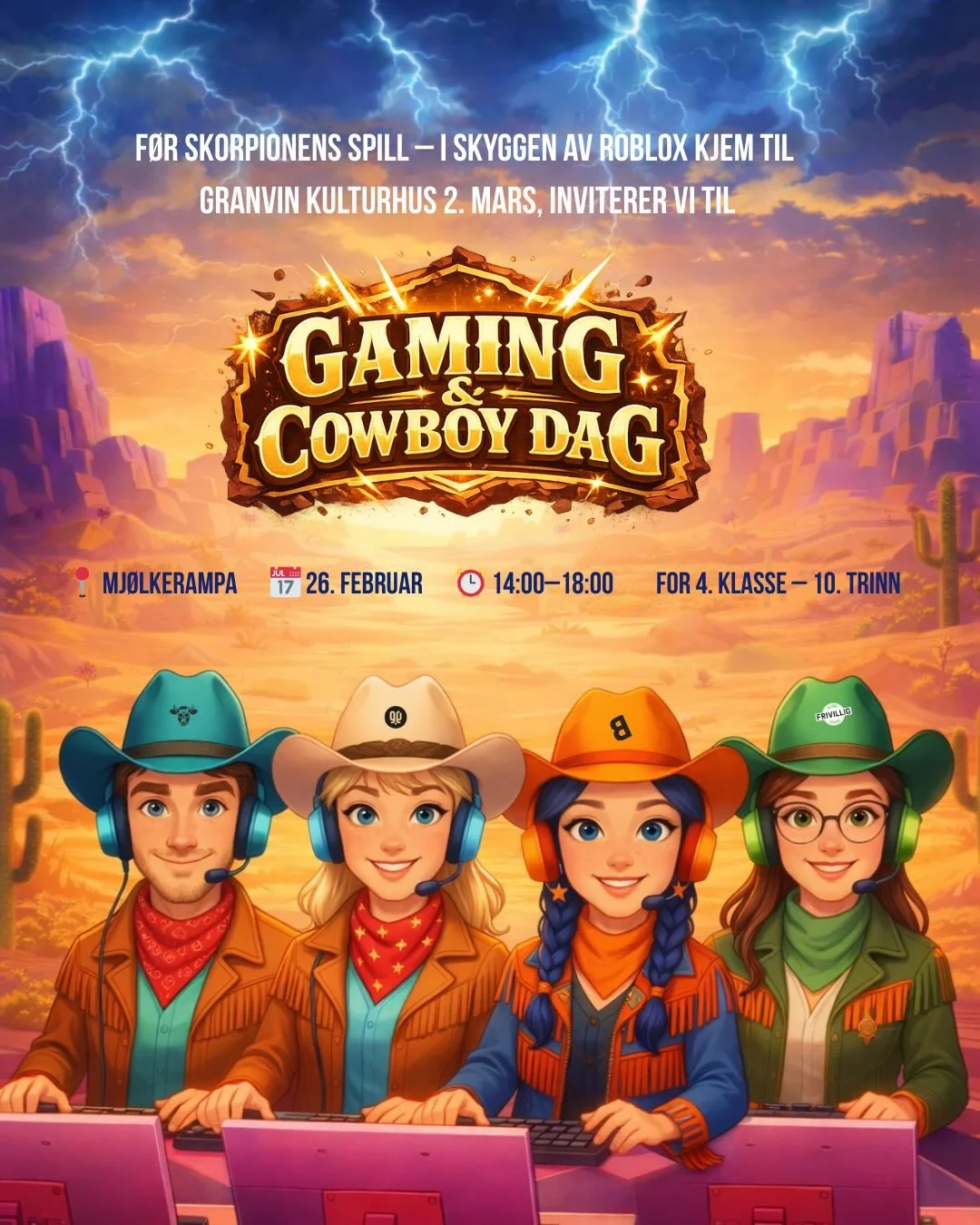 🎮🤠 Gaming- og cowboydag p&aring; Mj&oslash;lkerampa!

F&oslash;r teaterforestillinga "Skorpionens Spill - i Skyggen av Roblox" kjem til Granvin kulturhus 2. mars, inviterer vi til ein skikkeleg gaming- og cowboydag!

Du kan:
🎮 Pr&oslash;