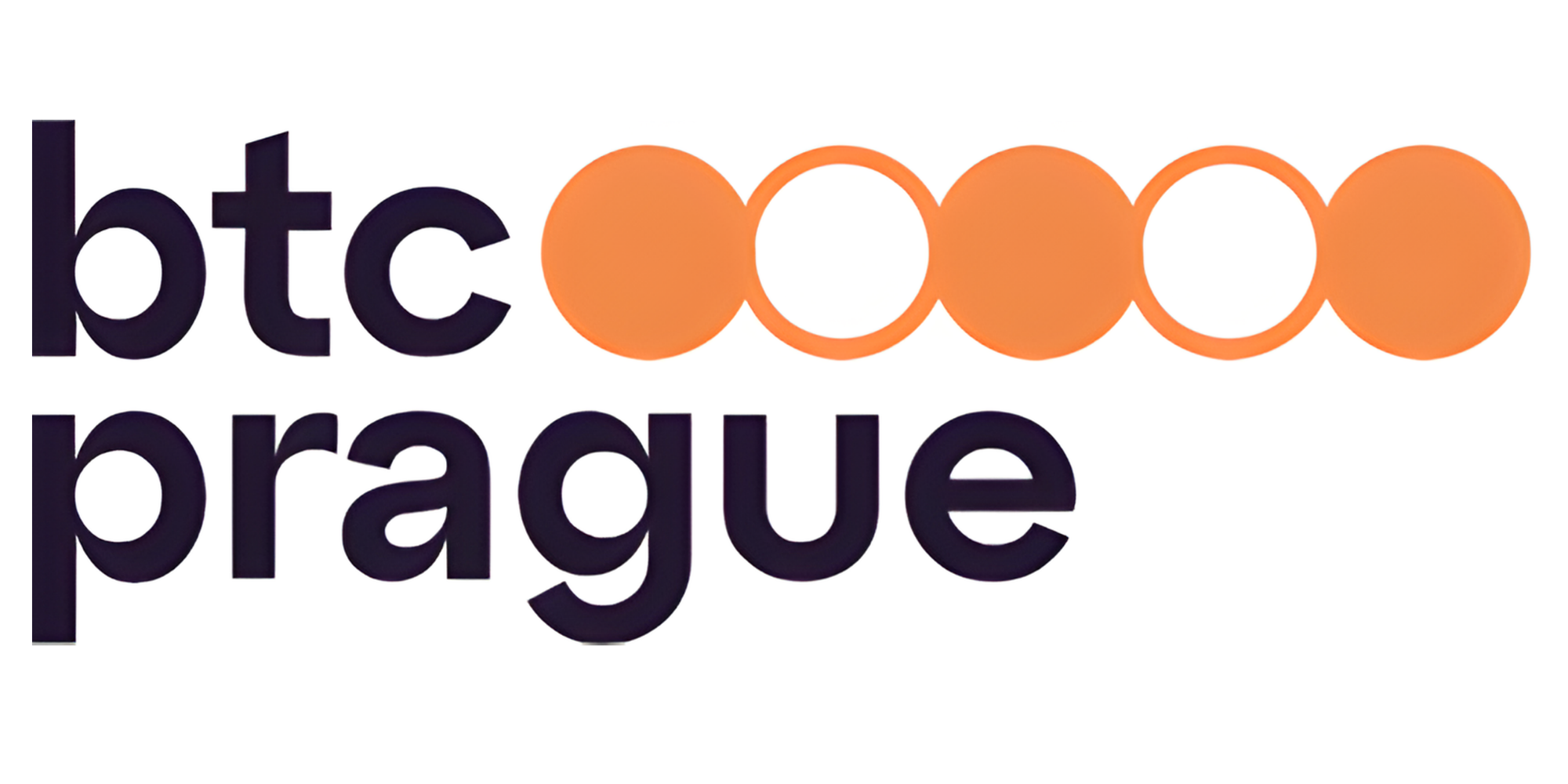 Logo of BTC Prague featuring the text 'btc prague' in bold black letters with the word 'btc' above 'prague,' and a sequence of five circular orange shapes, with some outlined and some filled, arranged in a row.
