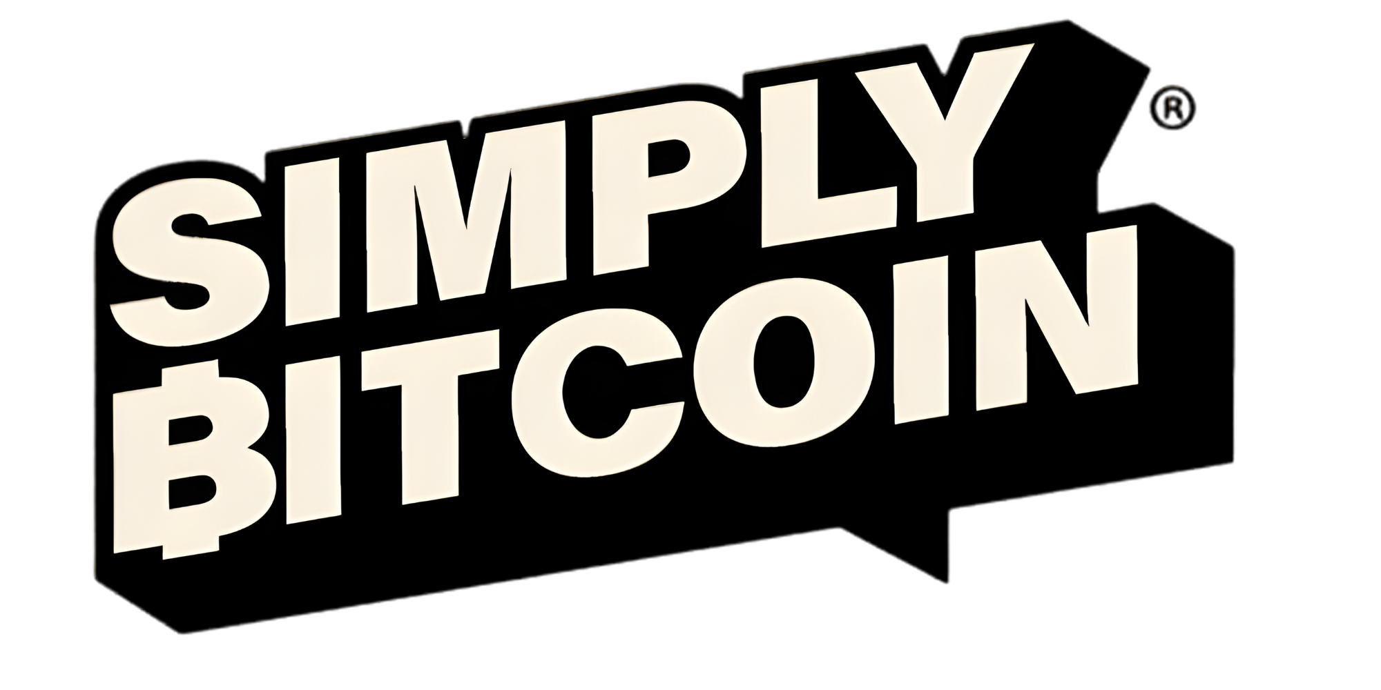 Illuminated sign with bold white letters on a black background that reads 'SIMPLY BITCOIN'.
