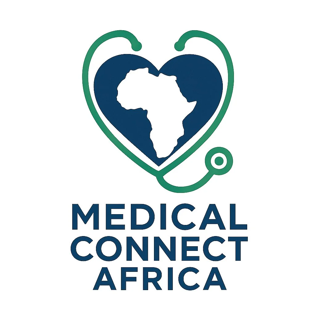 A logo featuring a stethoscope forming a heart shape around the outline of the African continent, with the text 'Medical Connect Africa' below.