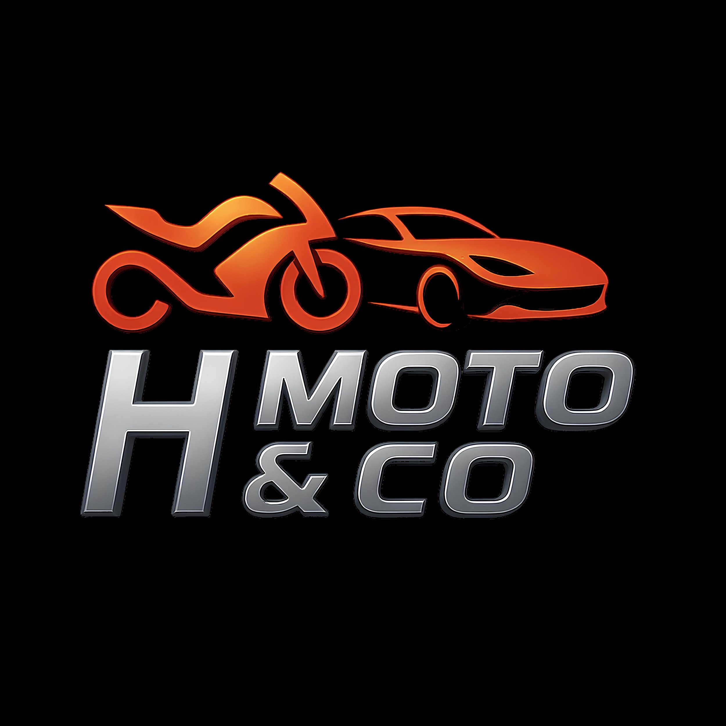 Logo avec une moto, une voiture de sport en orange et blanc, dessus le texte 'MOTO H & CO' en gris métallique, sur fond noir.