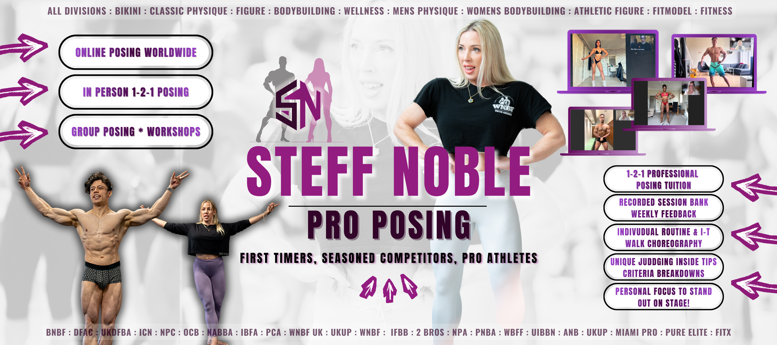 Promotional poster for Steff Noble's pro posing , offering online worldwide, in-person, and group workshops. Features images of a man and woman in bodybuilding poses, a woman on a video call doing a pose, and multiple computer screens with women posing. Contains text highlighting features like professional coaching, feedback, routines, tips, and personal focus for fitness competitors and athletes.