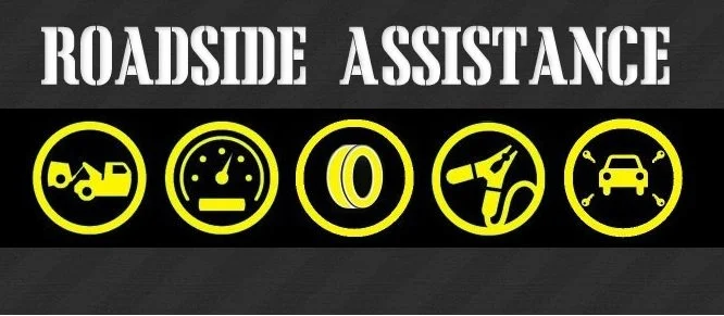 Sign reading 'Roadside Assistance' with five icons: tow truck, speedometer, tire, air compressor, and car with a wrench.