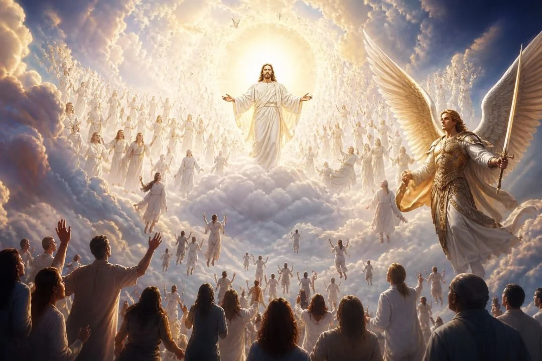 Depiction of Jesus Christ ascending to heaven surrounded by angels. 