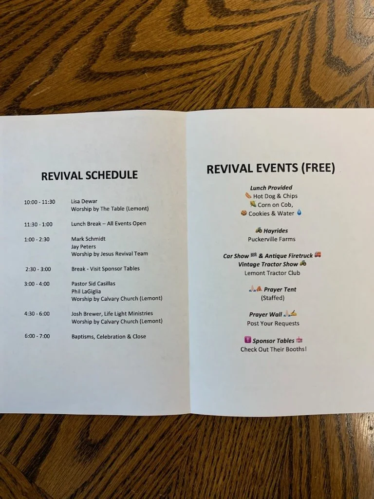 Schedule and details of a revival event, including times, speakers, and activities, with free event offerings like lunch, hayrides, car show, prayer tents, and sponsor tables.