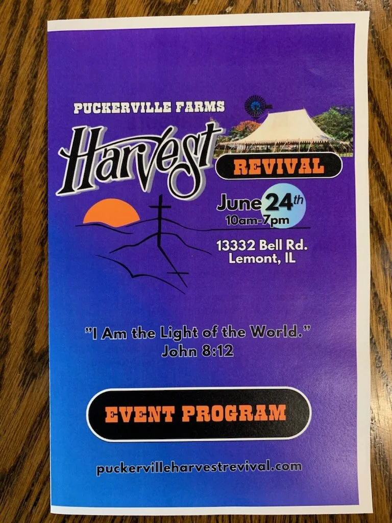 Flyer for Puckerville Farms Harvest Revival event on June 24th from 10am to 7pm at 13332 Bell Rd., Lemont, IL. The flyer features a purple background, a sunset, and a tent, with the event theme 'I Am the Light of the World' from John 8:12, and promot