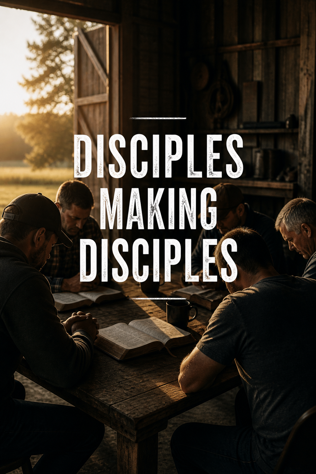 Groups of ministry men inside a rustic barn, encouraging one another.