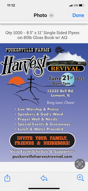 Flyer for Puckerville Farms Harvest Revival event on June 21, 2025.