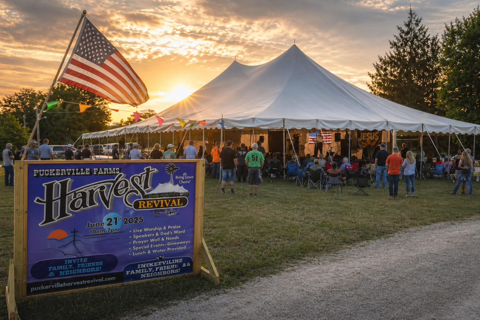 Annual tent revival event with activities listed such as live worship, speakers, prayer wall, giveaways, and lunch.