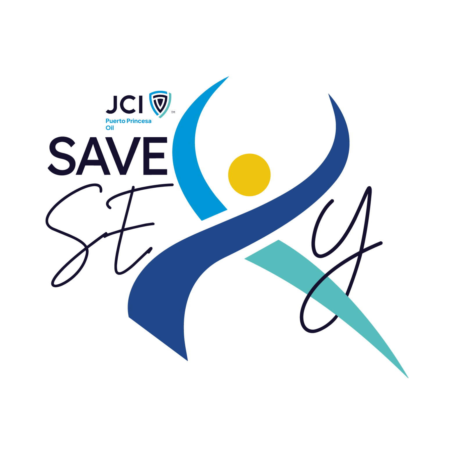 Save the Sea logo featuring stylized blue and teal wave shapes, a yellow circle, and the words 'Save the Sea' with a small JCI Puerto Princesa logo.