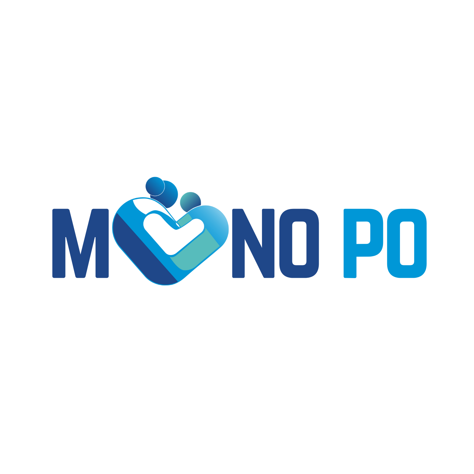 Logo with a heart and two figures inside it, forming a handshake, and the text 'MONO PO' in blue.