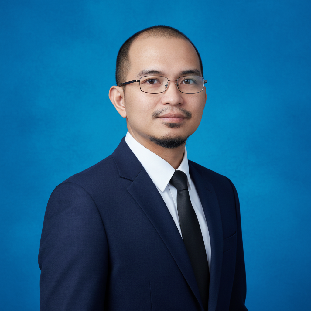 A professional portrait of a man in a dark blue suit, white shirt, black tie, and glasses, against a blue background.