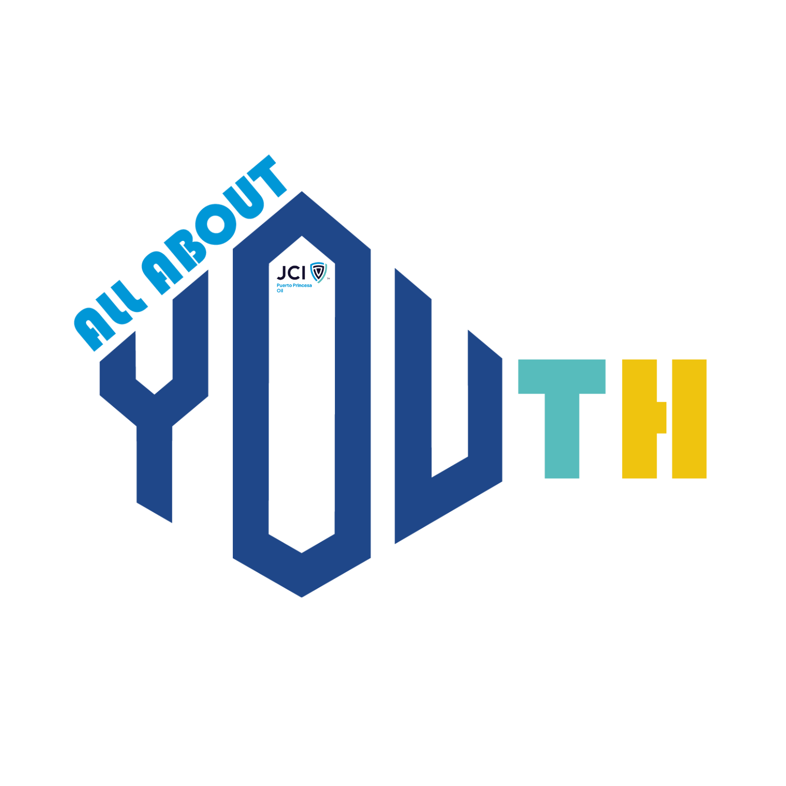 Illustrated text design with the words 'YOUTH' in large blue and yellow letters, and 'ALL ABOUT' in smaller blue text at an angle. The background is black.