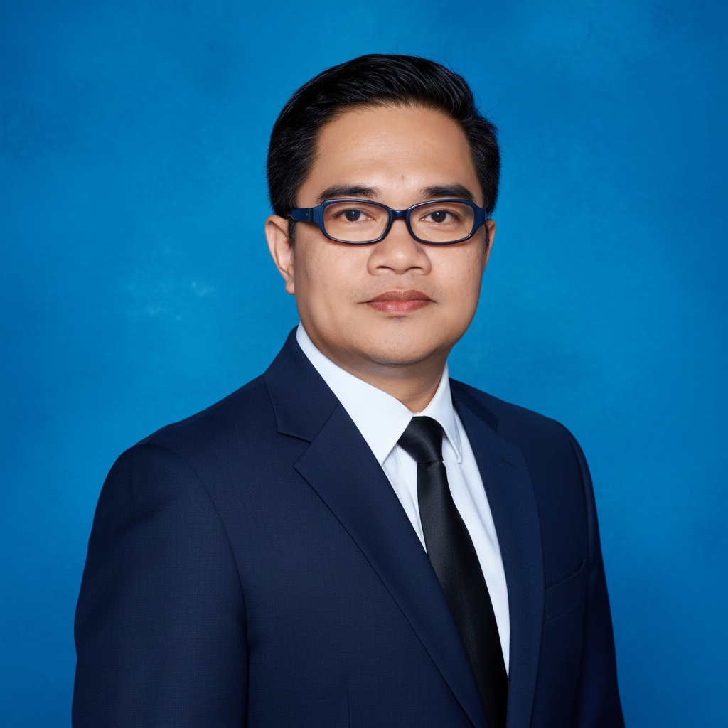 Professional portrait of an Asian man wearing a dark blue suit, white shirt, black tie, and glasses against a blue background.