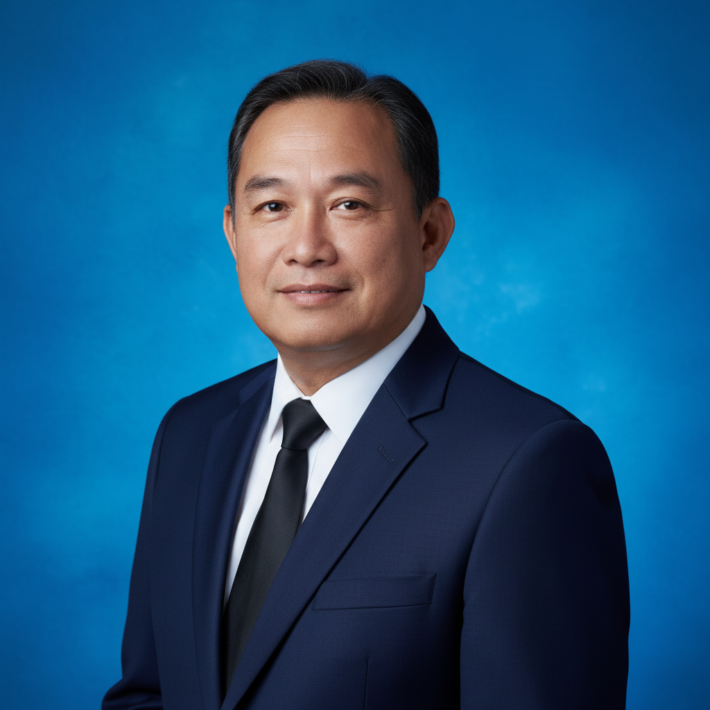 A formal headshot of a man in a navy suit, white shirt, and black tie posing against a blue background.