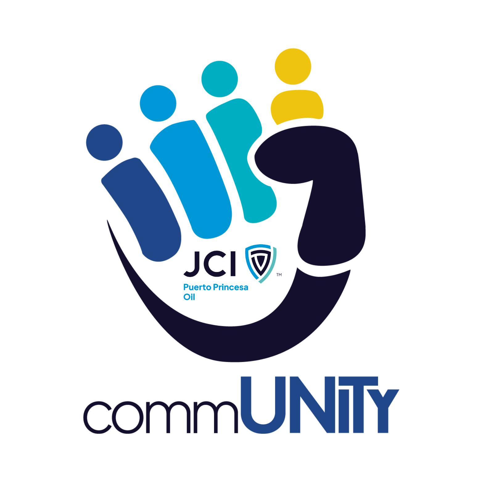 Logo of a healthcare organization featuring a stylized hand with blue and yellow geometric shapes representing a medical symbol, and the text 'Community' underneath.