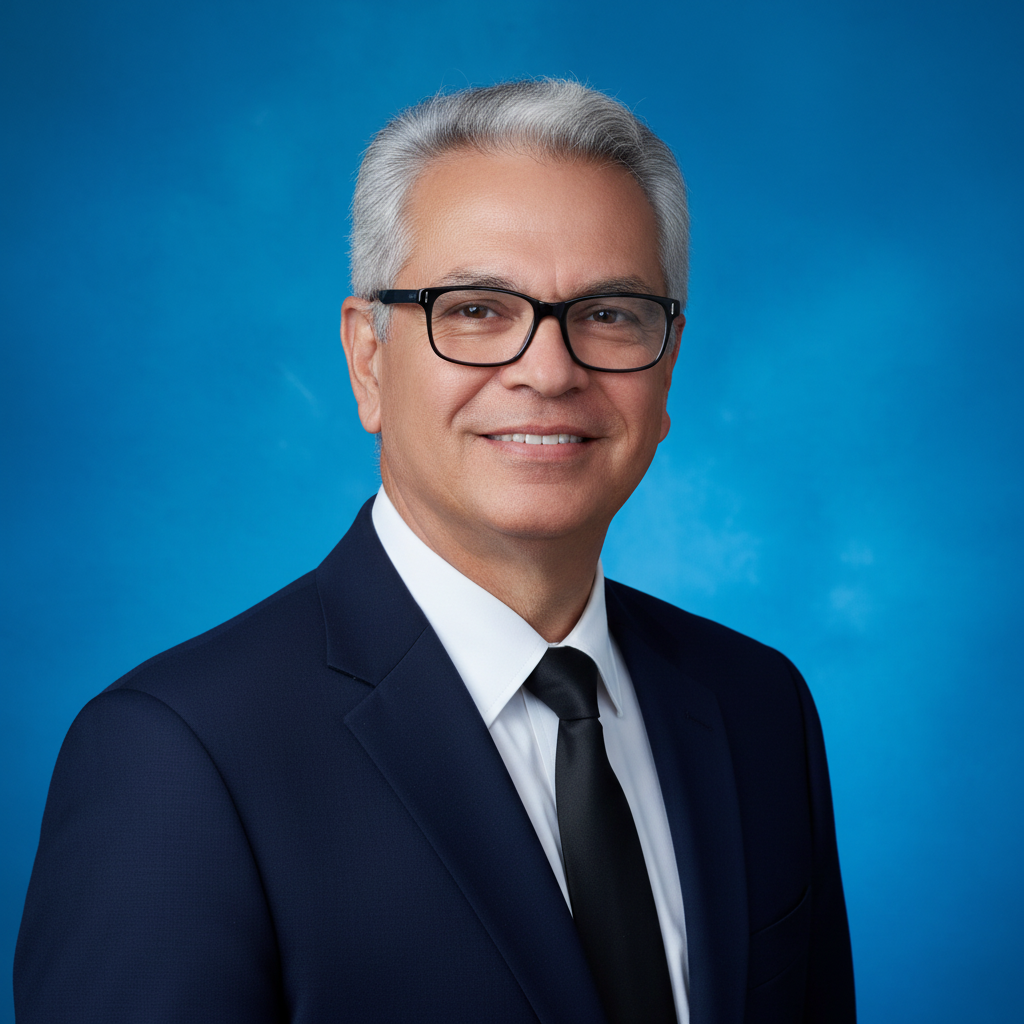 A professional headshot of a middle-aged man with gray hair, glasses, wearing a navy suit, white shirt, and black tie, against a blue background.