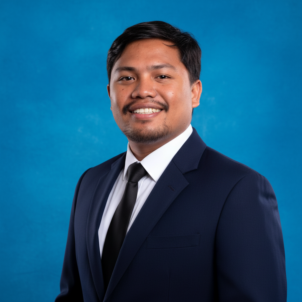 Professional headshot of a man in a navy suit, white shirt, and black tie, smiling against a blue background.