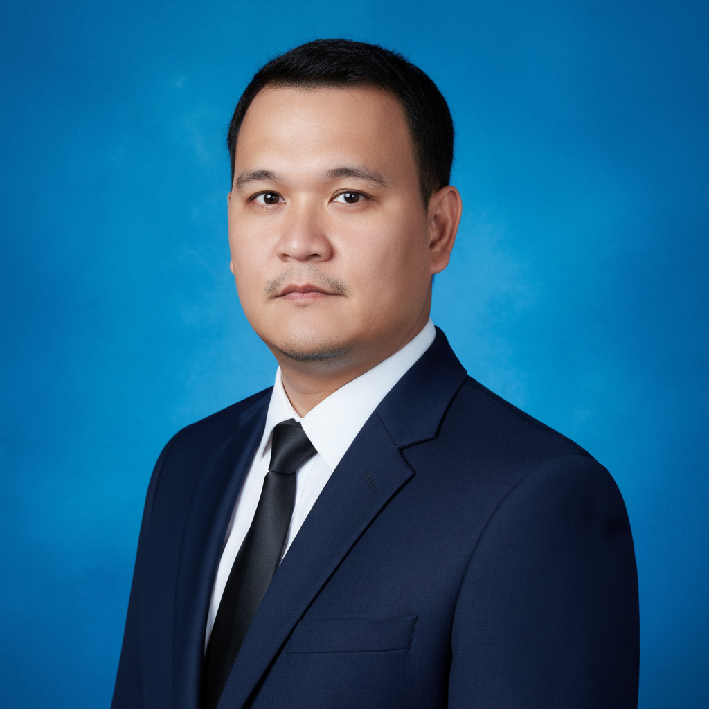 Professional portrait of a man in a navy suit and black tie against a blue background.