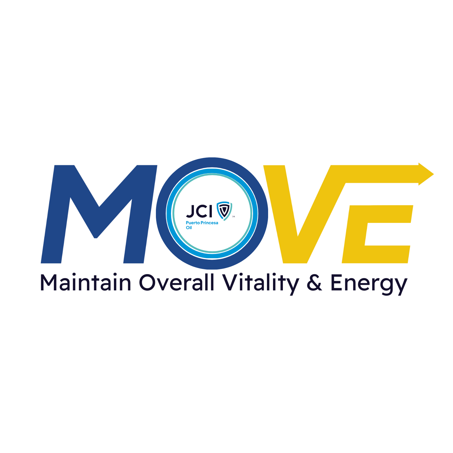 Logo with the word 'MOVE' in large blue and yellow letters, with the letter 'O' designed as a circular emblem containing a shield and text, and the tagline 'Maintain Overall Vitality & Energy' below.