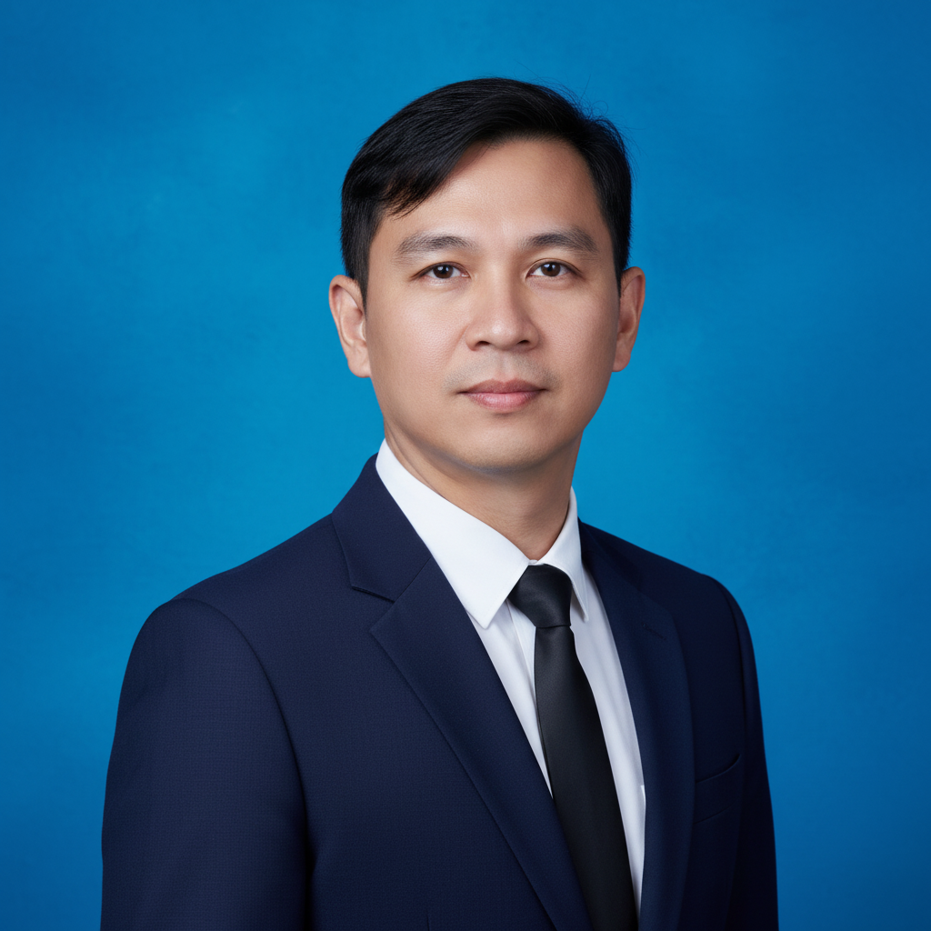 Professional portrait of a man in a dark blue suit with white shirt and black tie, against a blue background.