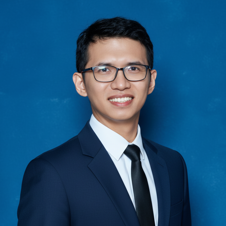 Professional portrait of a young man wearing glasses, a dark suit, white shirt, and black tie, smiling against a blue background.