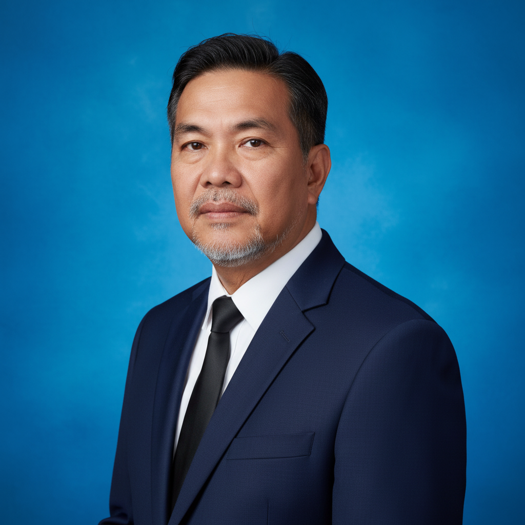A professional man in a navy blue suit, white shirt, and black tie posing against a blue background.