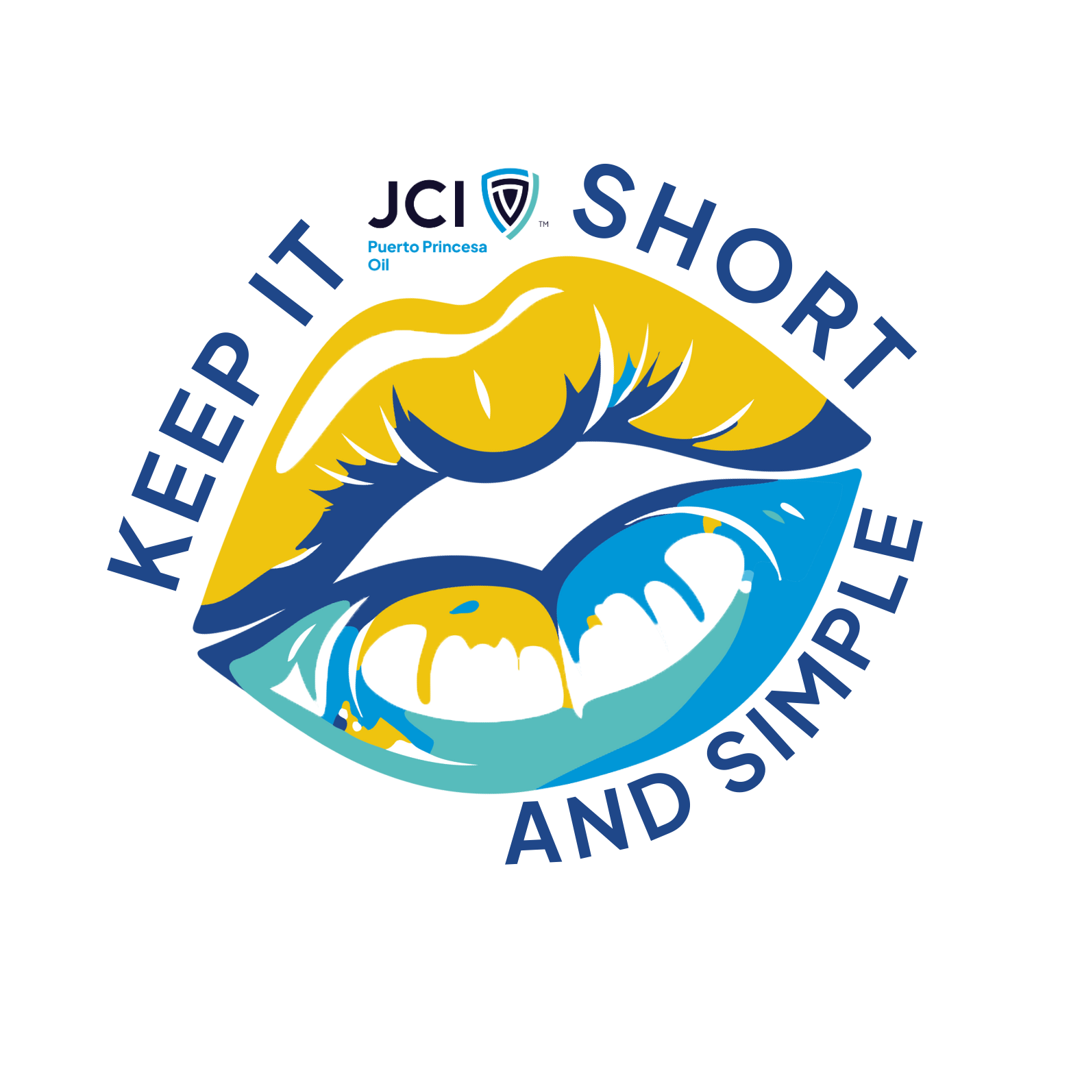 Stylized illustration of a face with one eye half open and the other eye closed, with colorful abstract elements and text around it.