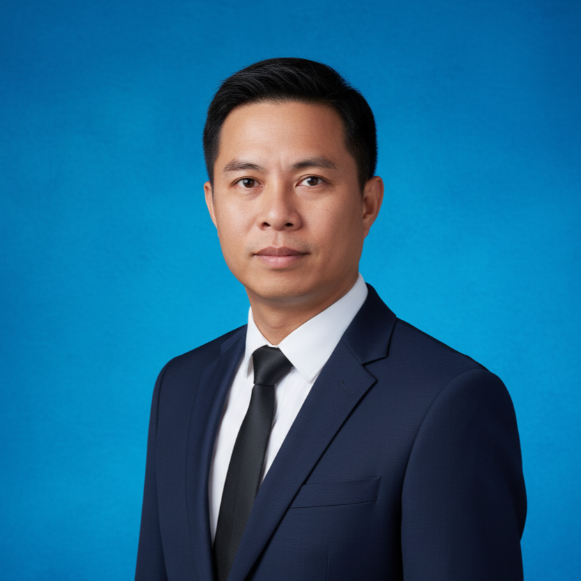 Professional portrait of an Asian man in a dark navy suit, white shirt, and black tie, against a solid blue background.