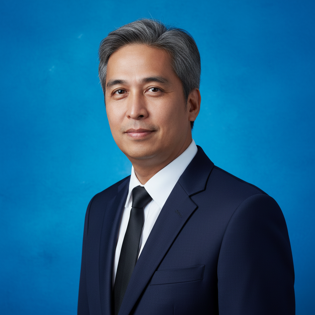 Portrait of a middle-aged man with gray hair, wearing a dark suit, white shirt, and black tie, standing against a blue background.