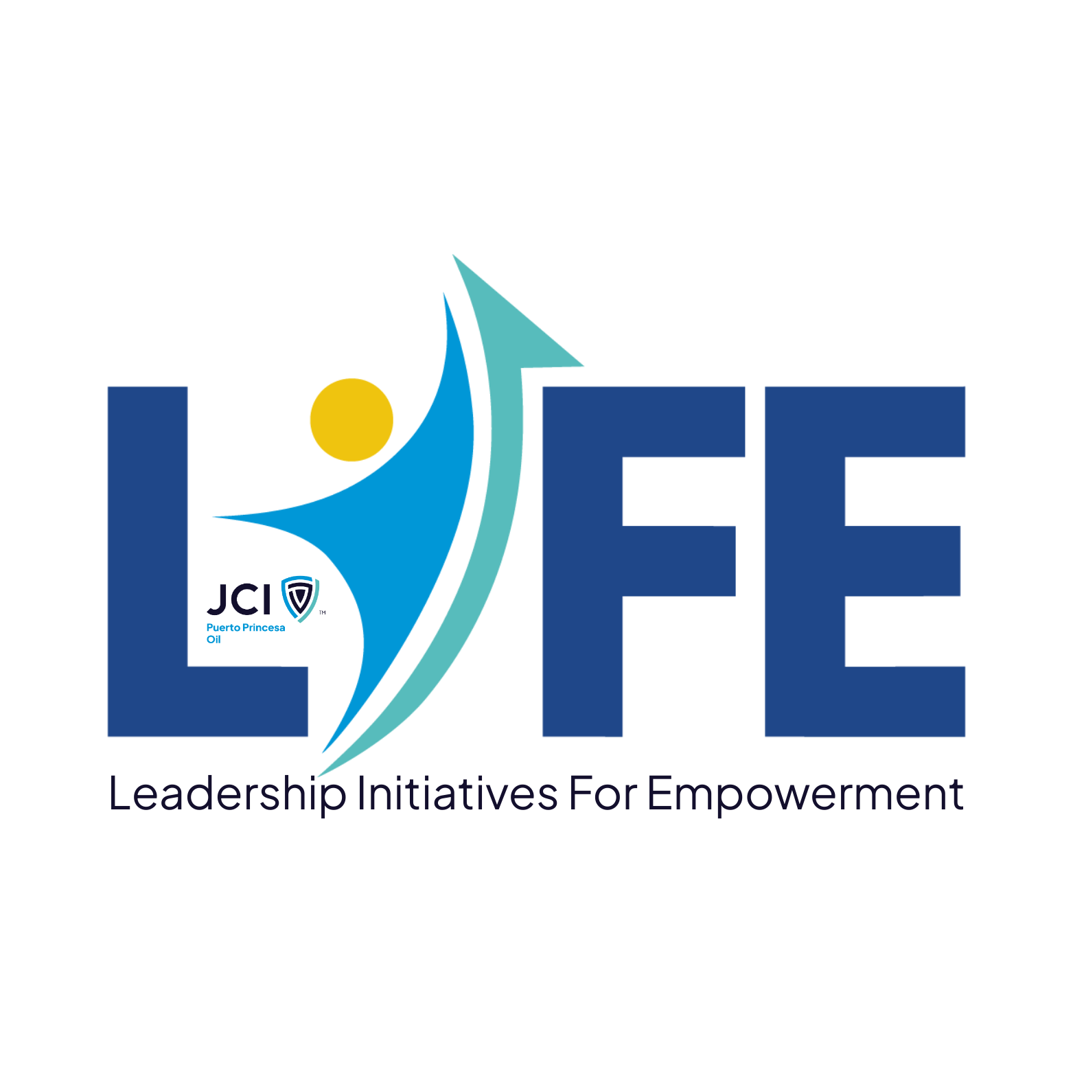 Logo for Leadership Initiatives For Empowerment (LIFE), featuring stylized blue letters 'L' and 'F' with a human figure in blue and yellow, and the additional text 'JCI Puerto Princessa Oil'.