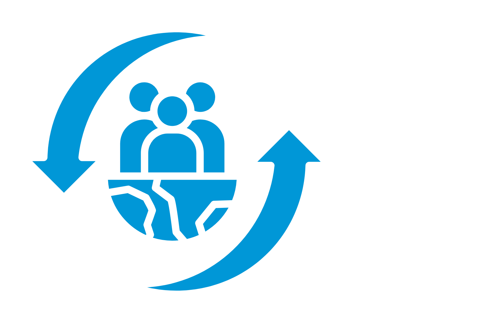 A blue and black graphic showing a sinking Earth with three human figures on top, surrounded by two curved arrows indicating a cycle or process.