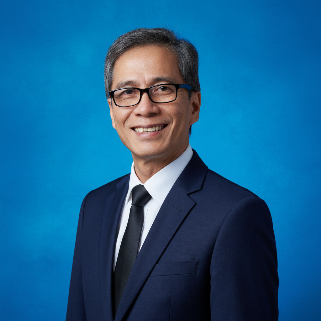 A professional Asian man with glasses smiling, dressed in a dark blue suit, white shirt, and black tie, against a blue background.