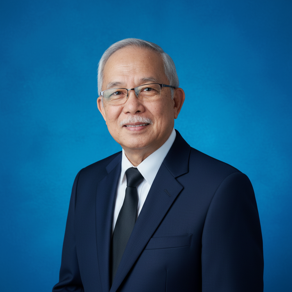 Professional portrait of an older Asian man with gray hair and glasses, wearing a dark blue suit, white shirt, and black tie, against a plain blue background.