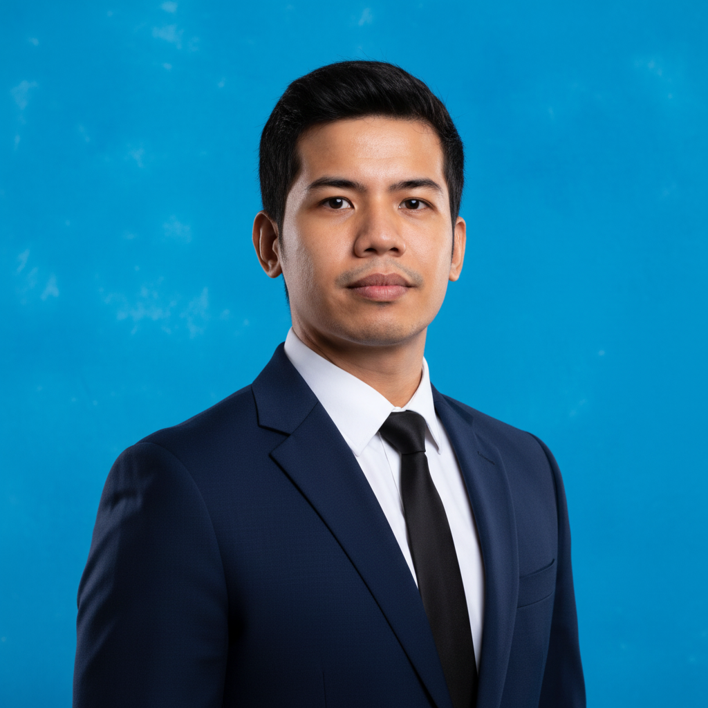 A professional man in a navy suit, white shirt, and black tie, standing against a blue background.