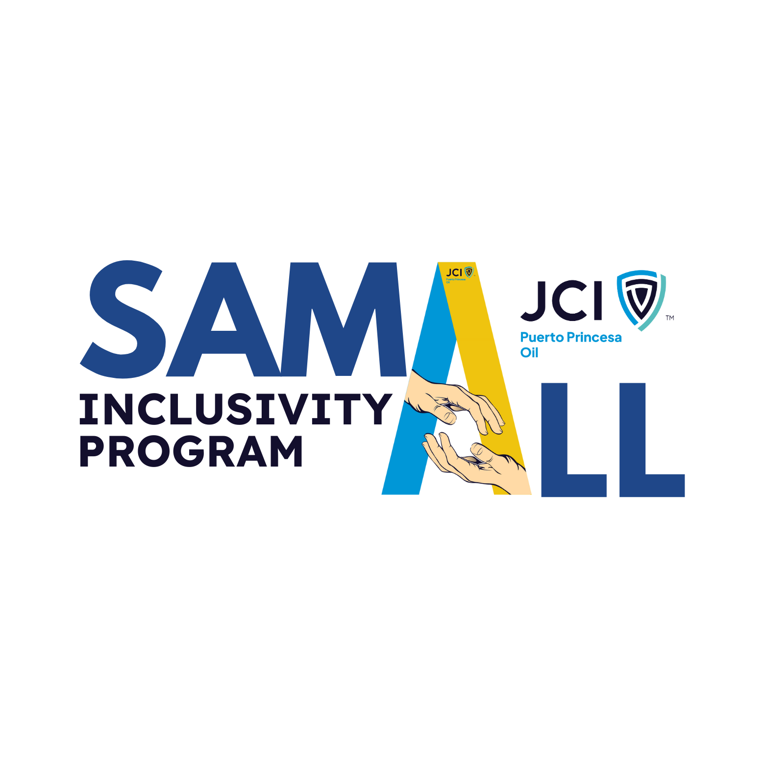 Logo for the SAM (Supported Accessible Mentoring) Newcomer Program with colorful text, an illustration of two hands exchanging a phone, and icons representing security and communication.