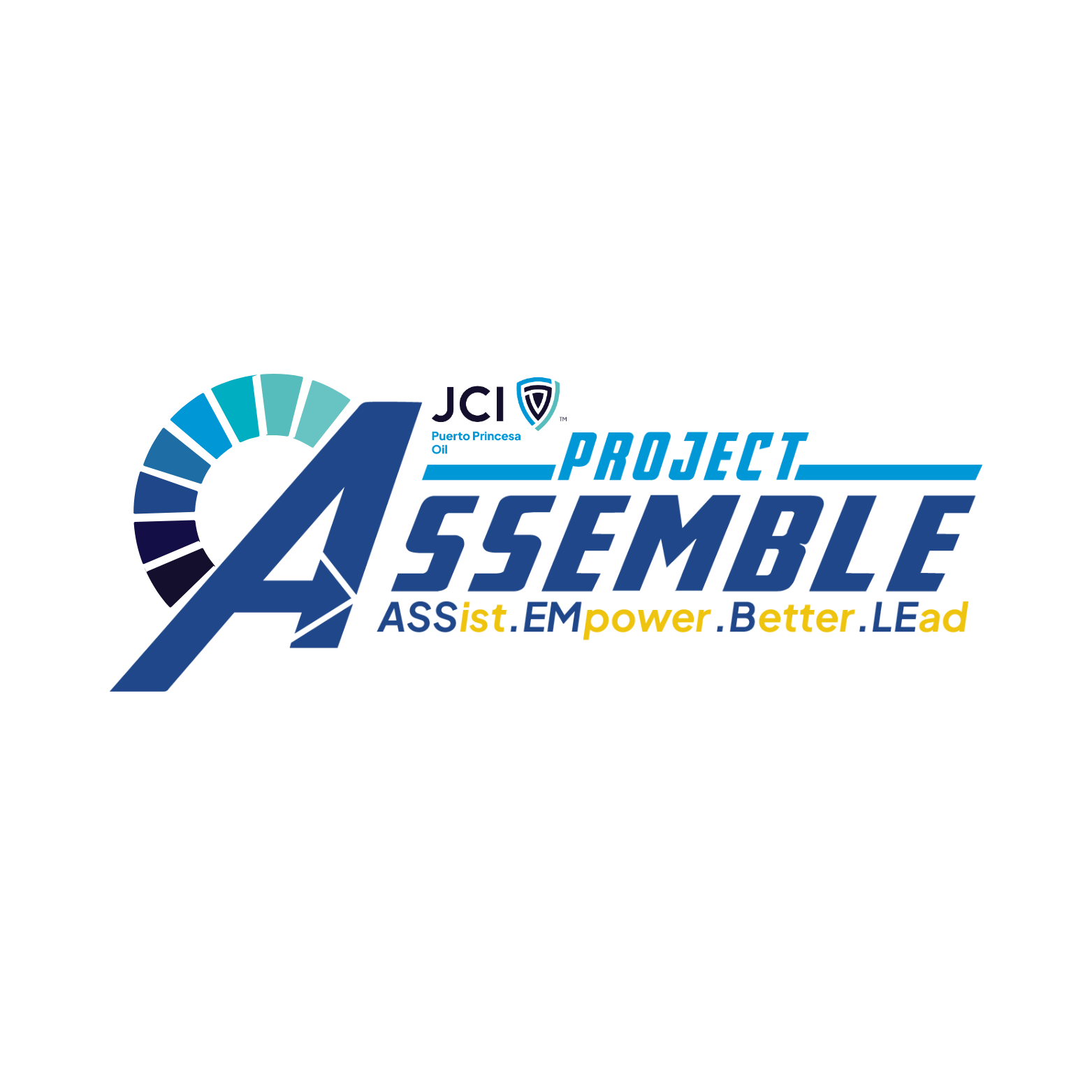 Logo for Project Assemble with blue and yellow text, a stylized 'A', and a color gradient circular gauge, including the text 'JCI Puerto Princeso Oil'.
